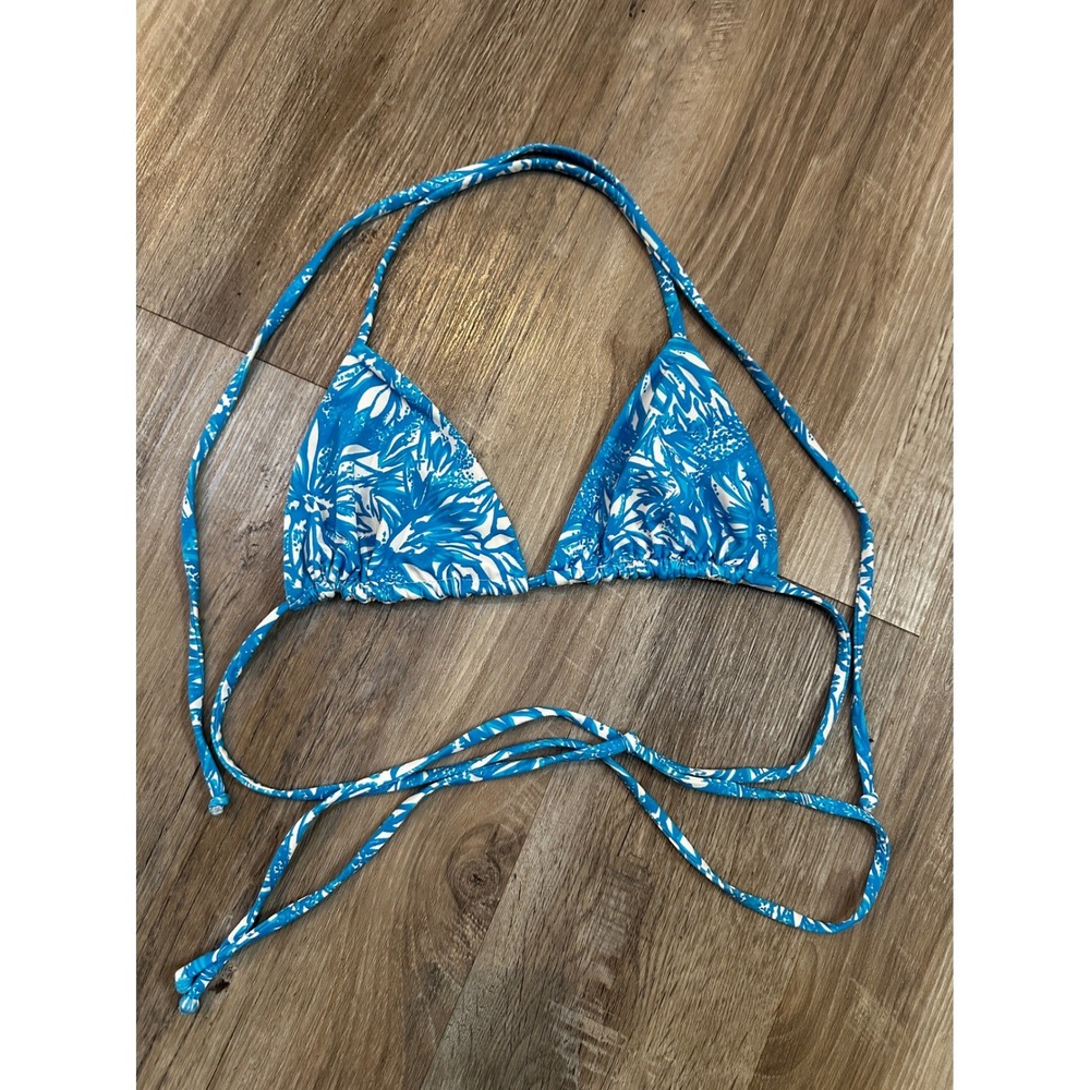 Frankies Bikinis Blue White Floral Tropical Triangle Bikini Top Medium